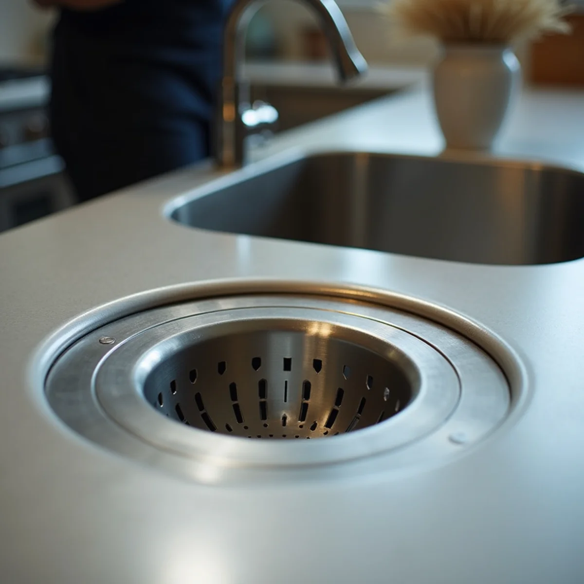Stainless steel dome strainer basket inside commercial kitchen floor sink drain