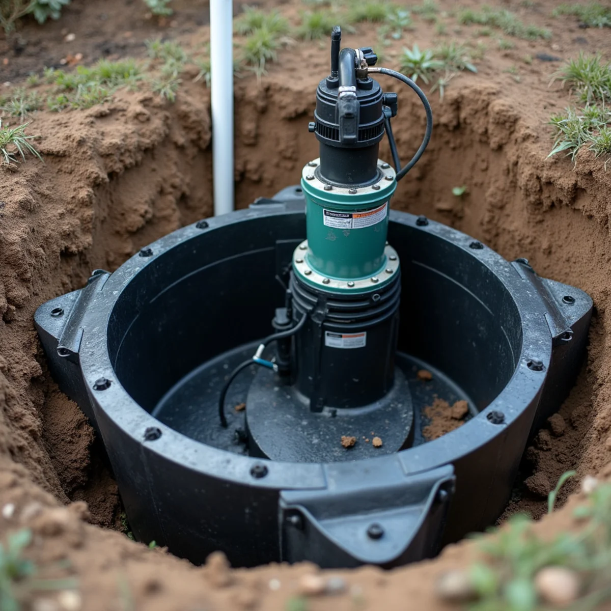 Deep structural polyethylene sump basin housing primary and auxiliary storm pumps
