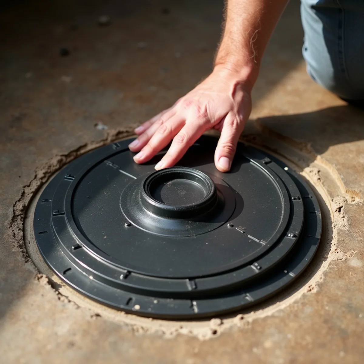 Bolted airtight sump pit lid with silicone gasket and radon-safe vent pipe