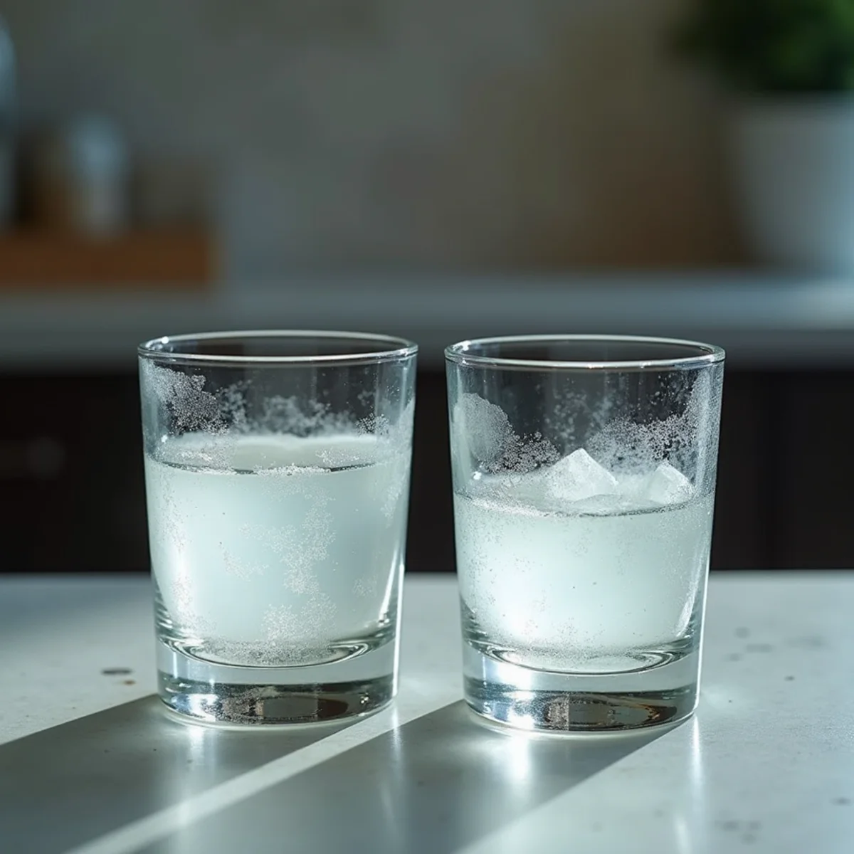 Side-by-side comparison of cloudy mineral-etched drinking glasses versus clear glass