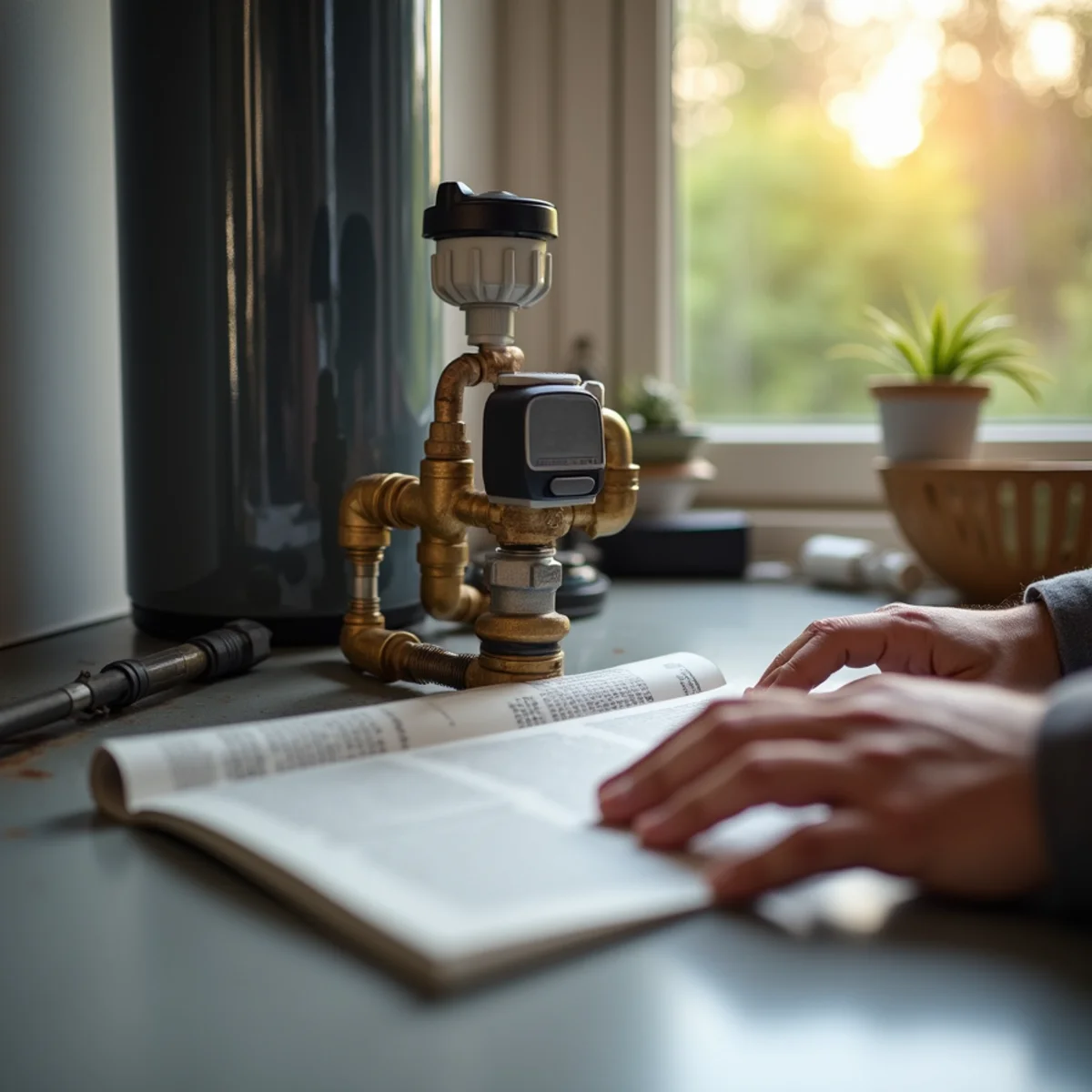 Installing modern high-capacity ion-exchange water softener with digital metering valve