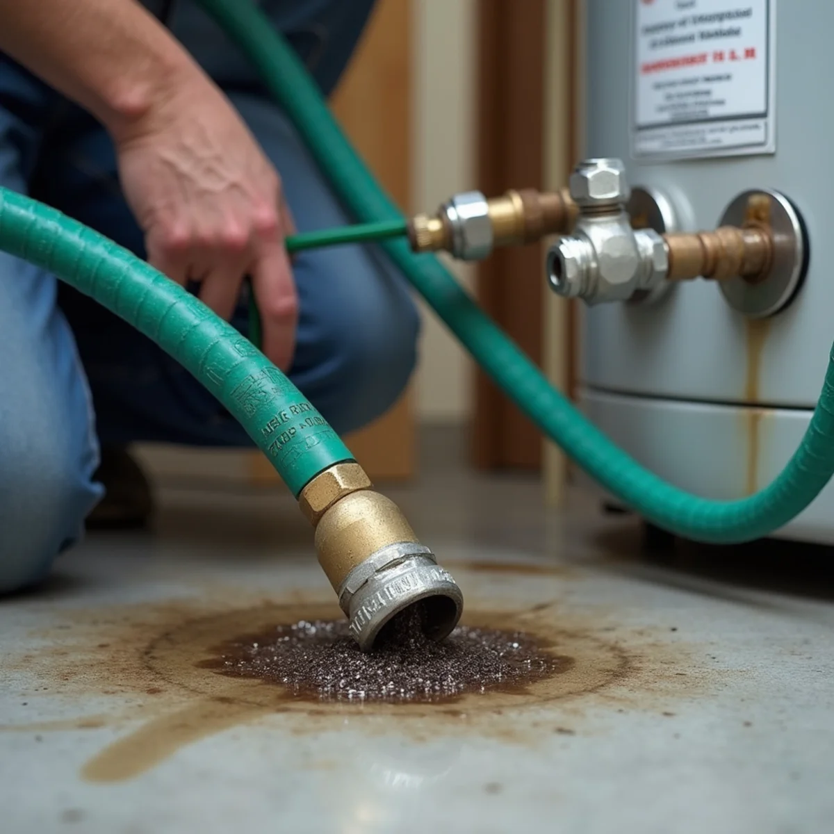 Garden hose draining mineral sediment from water heater bottom drain bib into floor drain