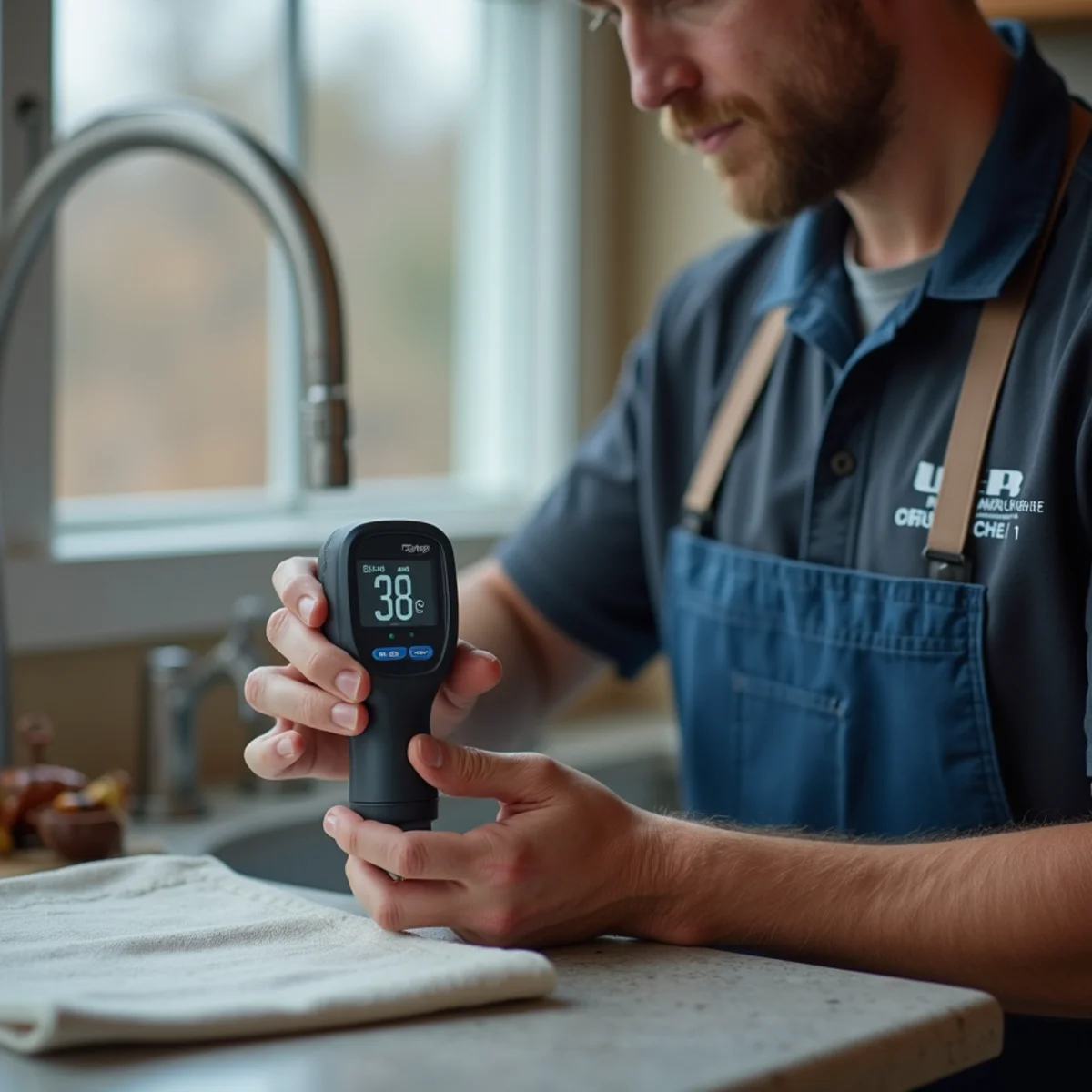 Digital temperature probe showing 38°F winter municipal groundwater entering home