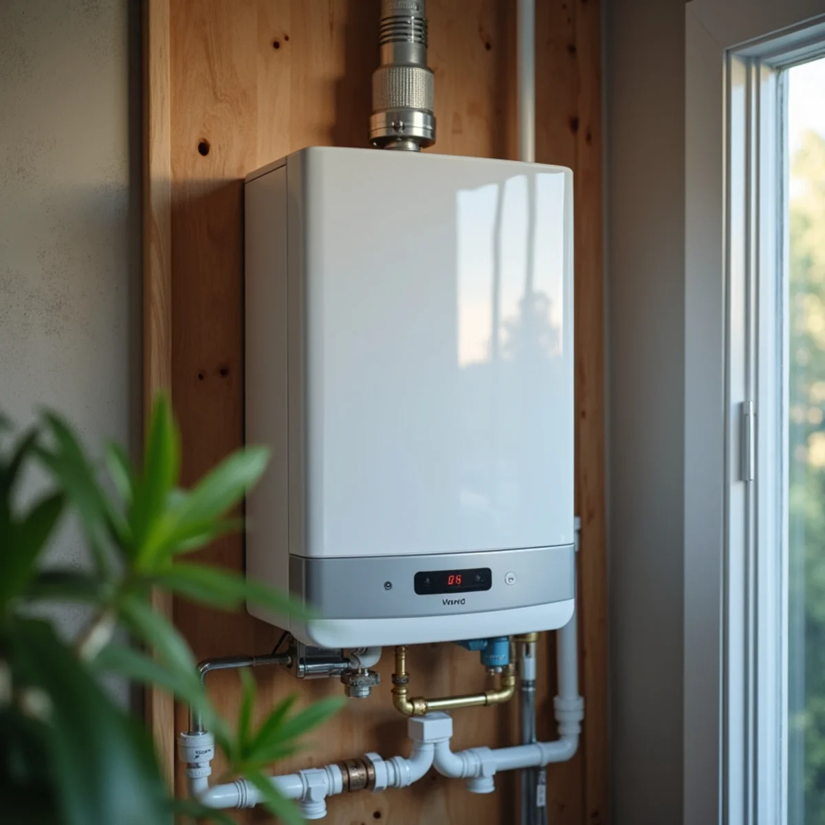 Sleek wall-hung Navien tankless water heater saving 16 square feet of basement floor space