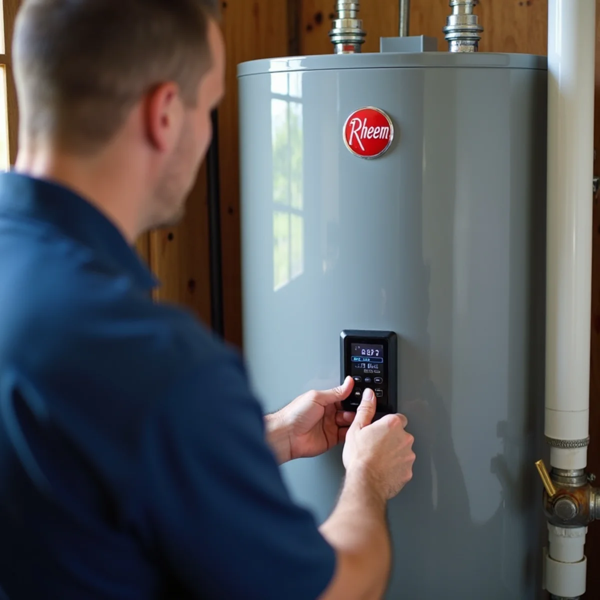 Rheem high-efficiency hybrid heat pump water heater with digital temperature control panel