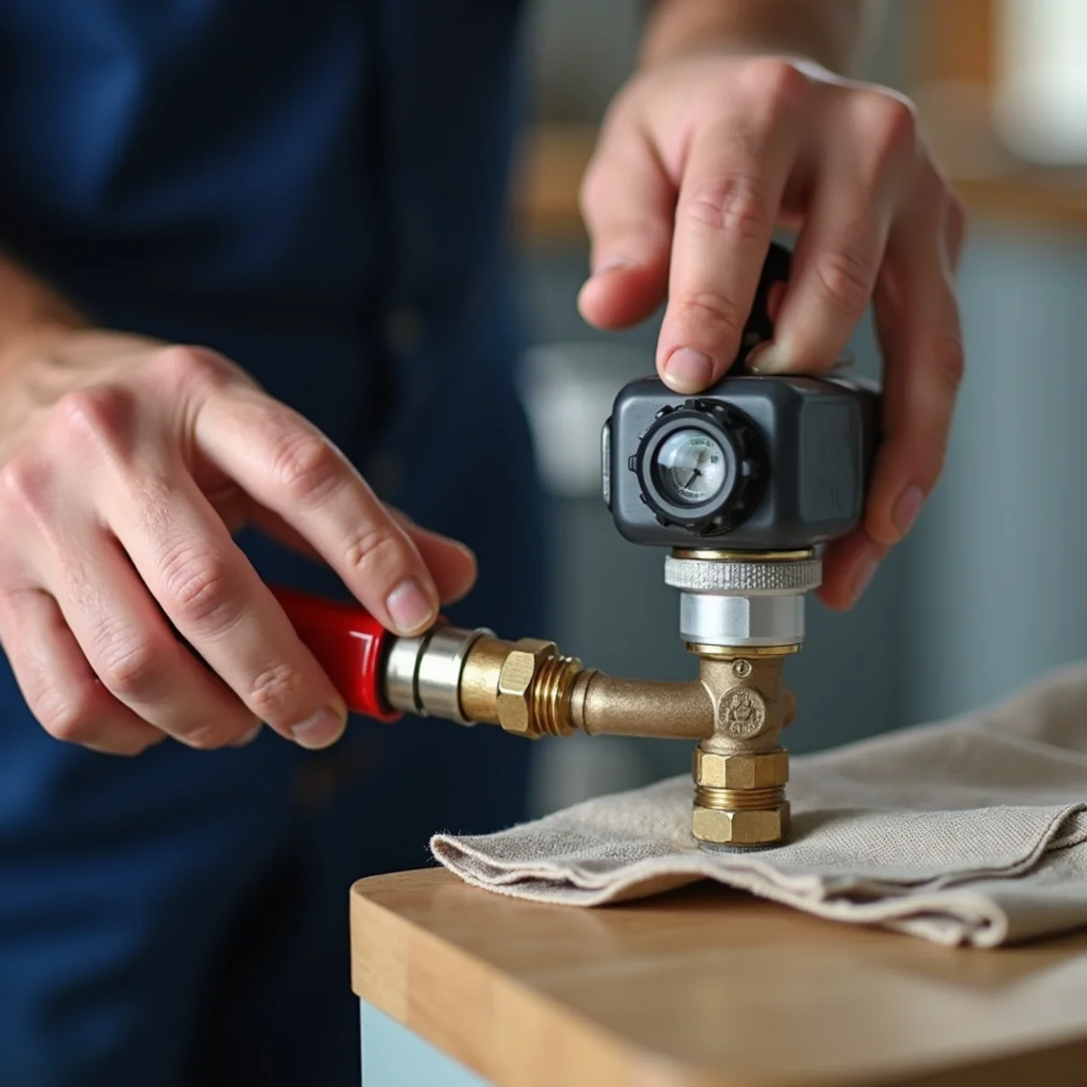 Certified gas technician using digital gas detector probe on threaded pipe joints