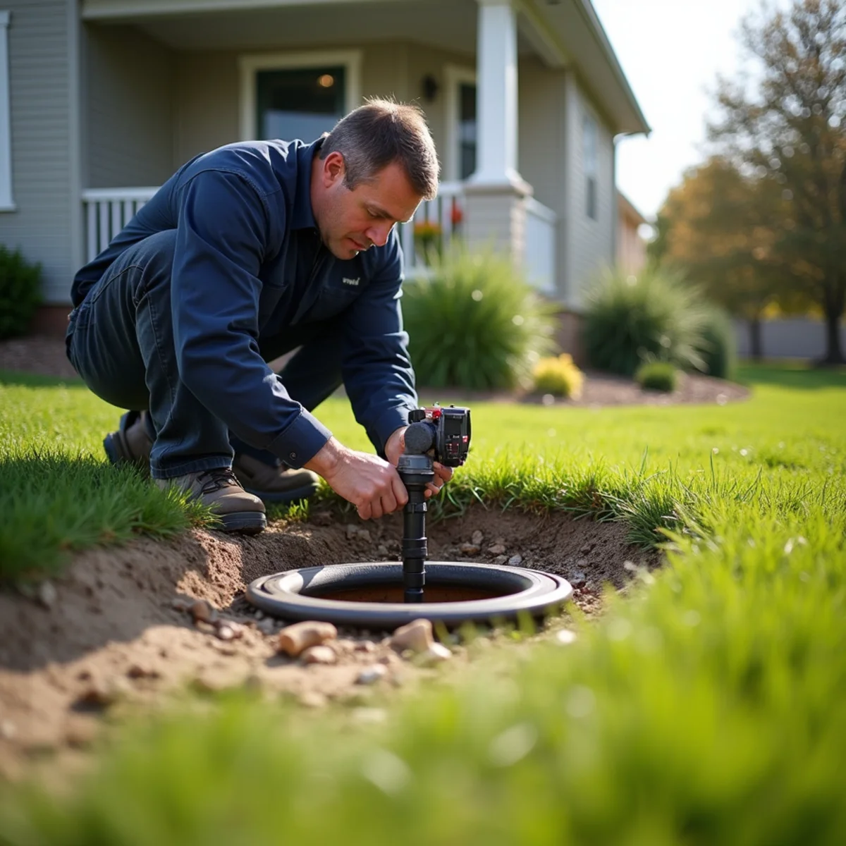 Exterior double-sweep PVC sewer cleanout installation in Ankeny front yard
