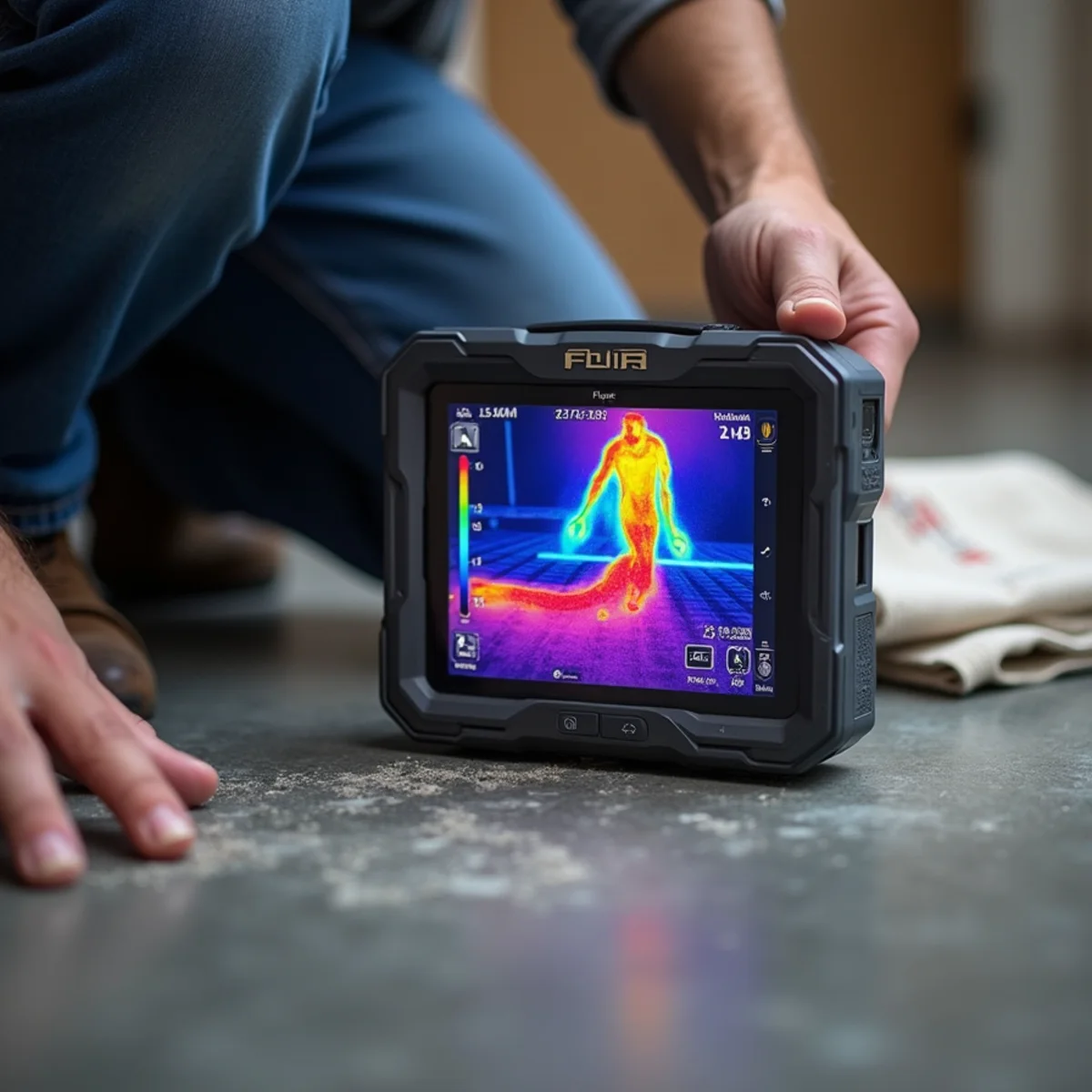 Thermal imaging monitor displaying hot water slab leak signature on concrete floor